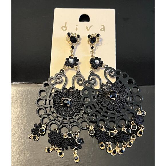 Womens Black Gold Tone Crystal Rhinestone Chandelier Dangle Earrings Round Diva - Picture 2 of 7